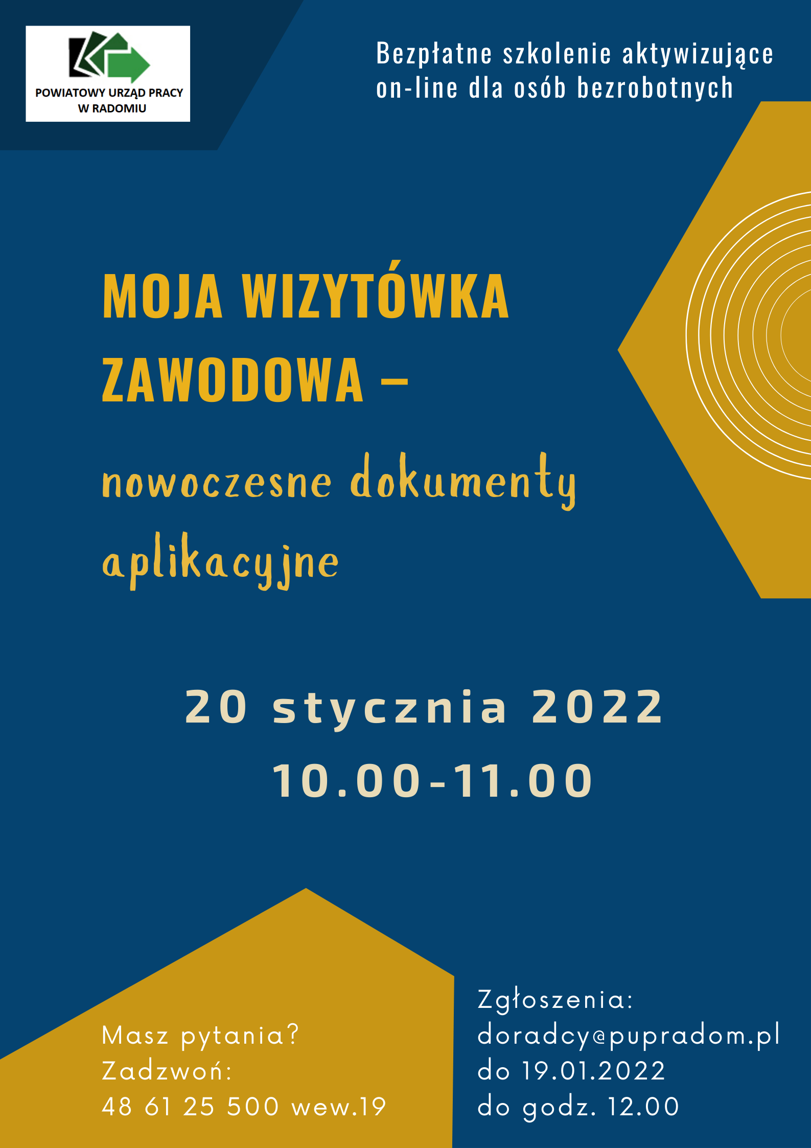 Plakat na szkolenie Moja wizytówka zawodowa nowoczesne dokumenty aplikacyjne.