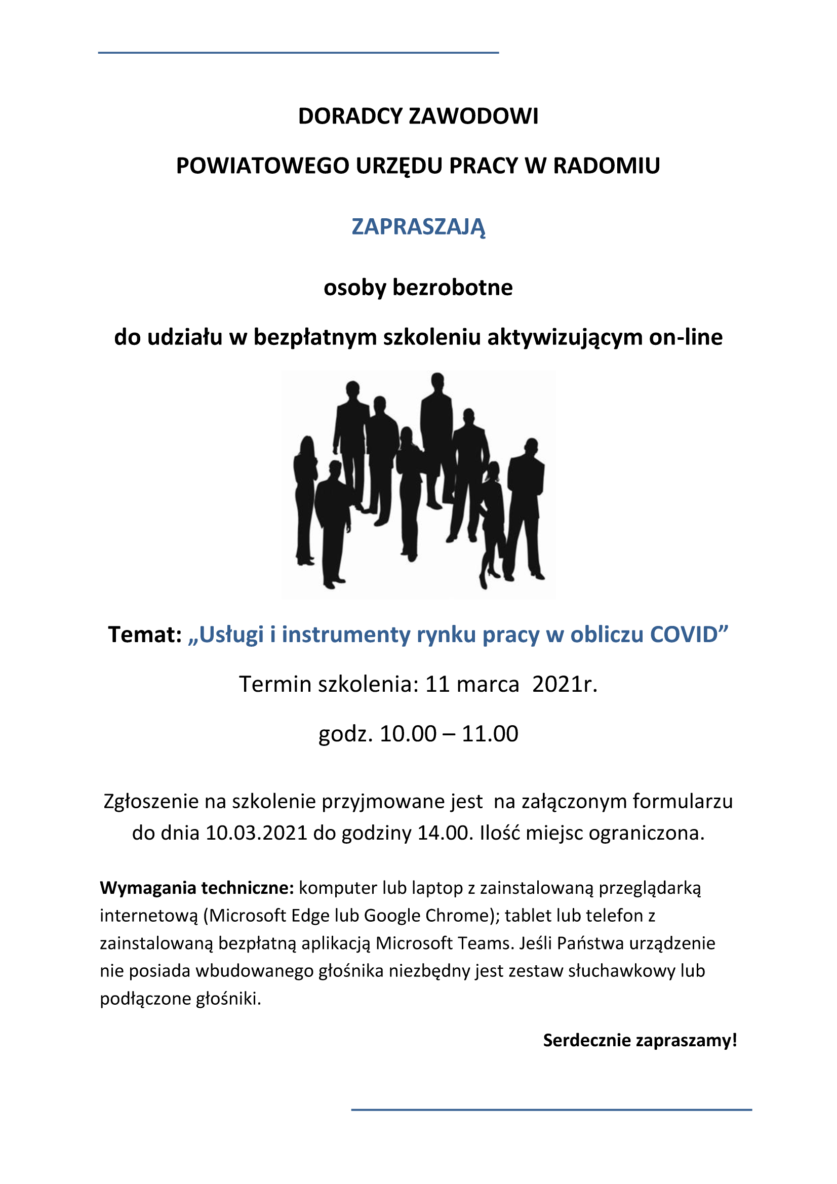 11 marca 2021 - Zaproszenie na szkolenie online - Usługi  i  instrumenty  rynku  pracy  w obliczu COVID, więcej informacji w załączeniu
