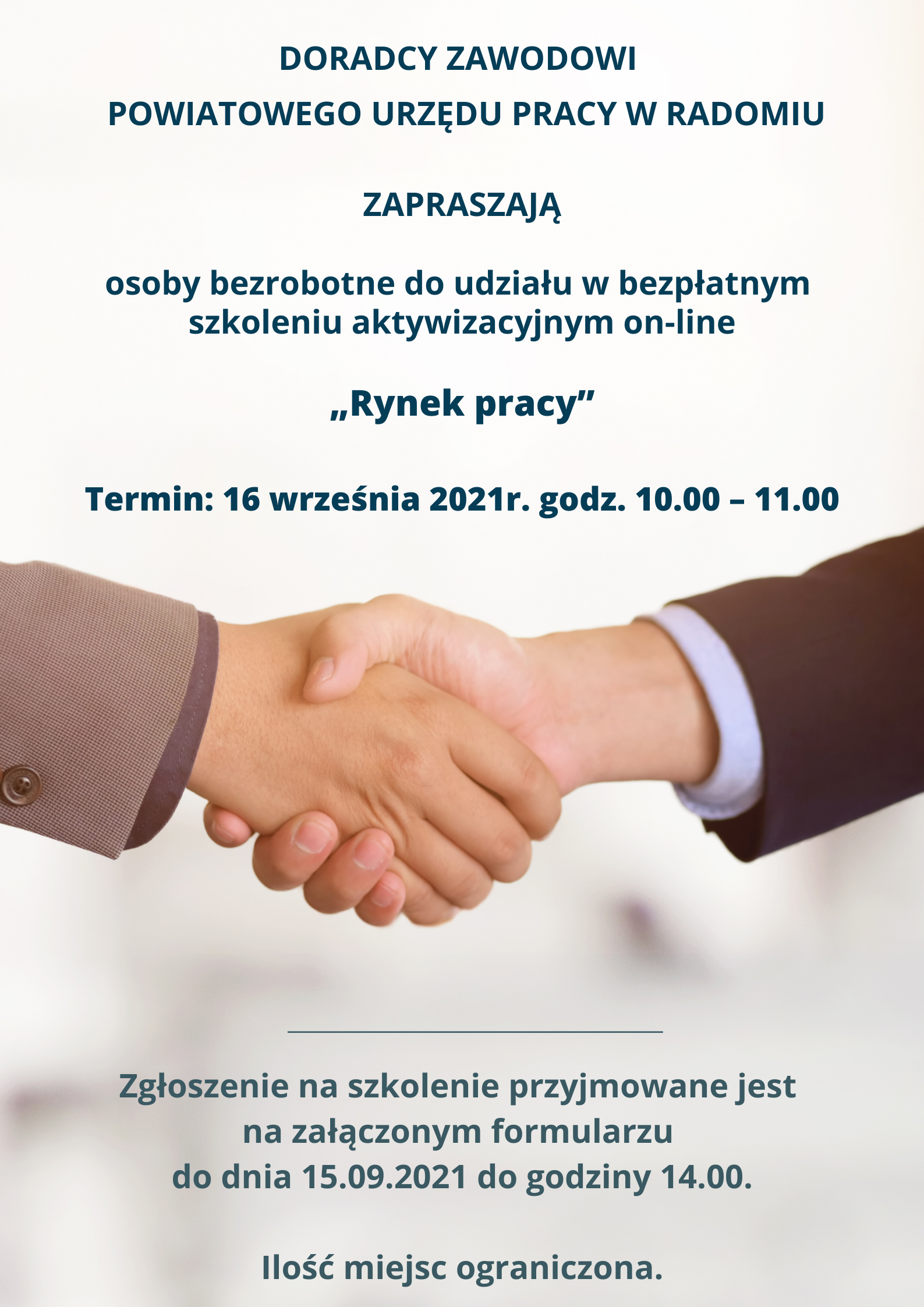 Zaproszenie na bezpłatne szkolenie aktywizujące on-line - Rynek pracy. Termin 16 września 2021, godzina 10-11. Więcej informacji w załączeniu.