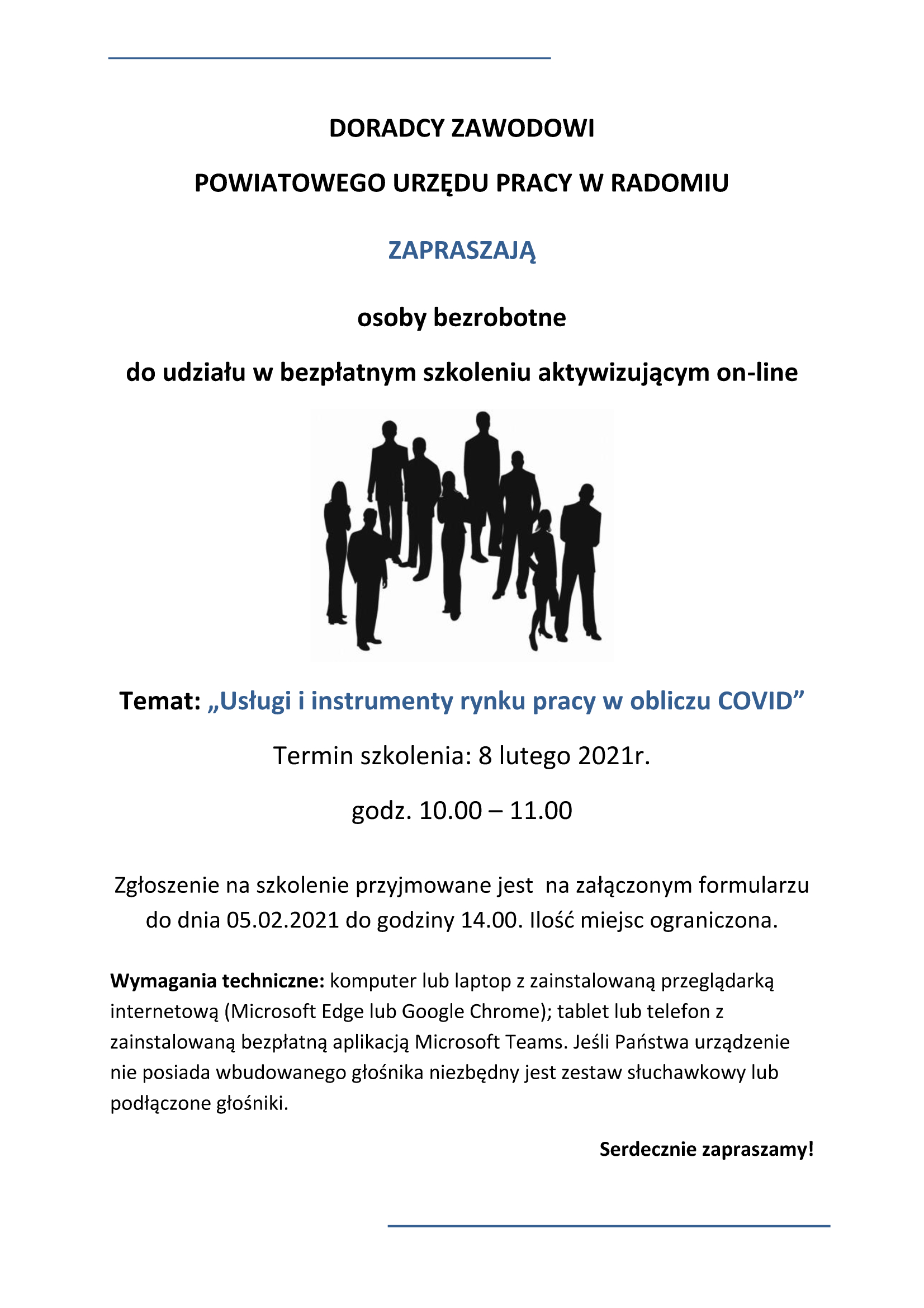 Zaproszenie na szkolenie on-line Usługi i instrumenty rynku pracy w obliczu COVID, na środku plakatu czarne sylwetki grupy ludzi
