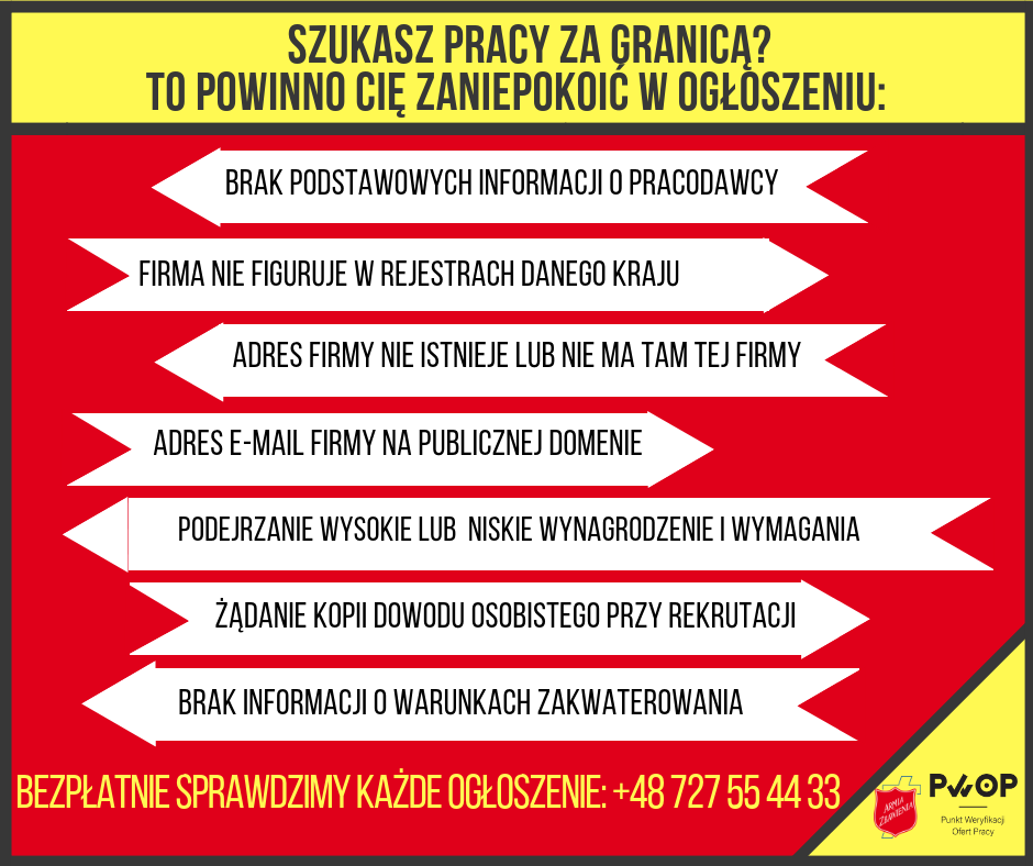 Zdjęcie zawiera informacje dotyczące tego co powinno zaniepokoić w ogłoszeniu osobę poszukującą pracy min.: brak informacji o pracodawcy, firma nie figuruje w rejestrach danego kraju, adres firmy nie istnieje, żądanie kopii dowodu osobistego