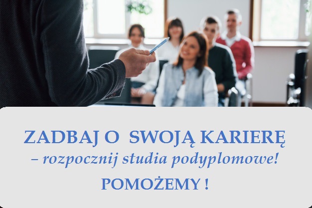 Zadbaj o swoją karierę rozpocznij studia podyplomowe. Pomożemy. Grafika przedstawia grupę studentów podczas wykładu.