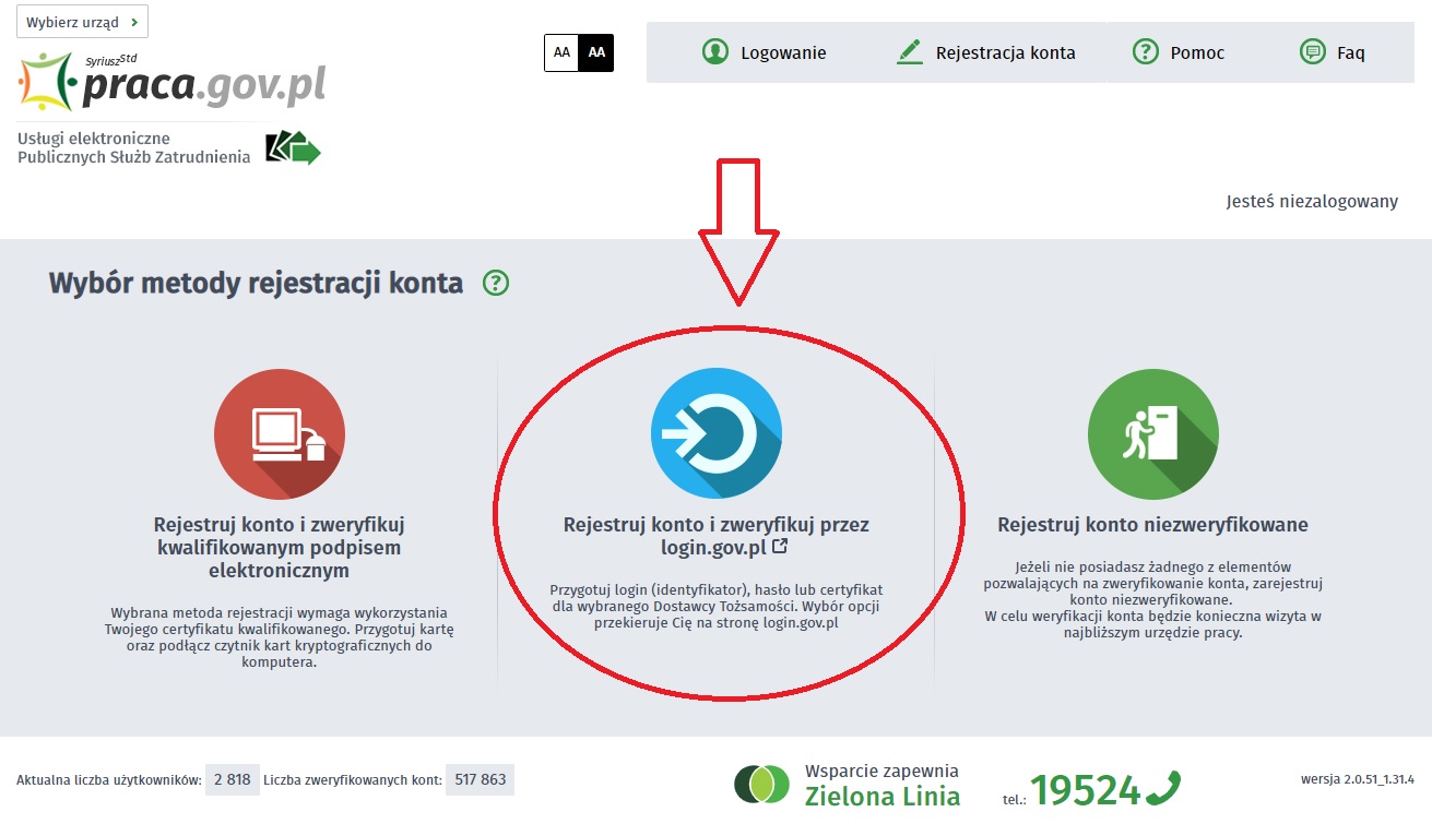 Zdjęcie przedstawia metody rejestracji konta na portalu praca.gov.pl