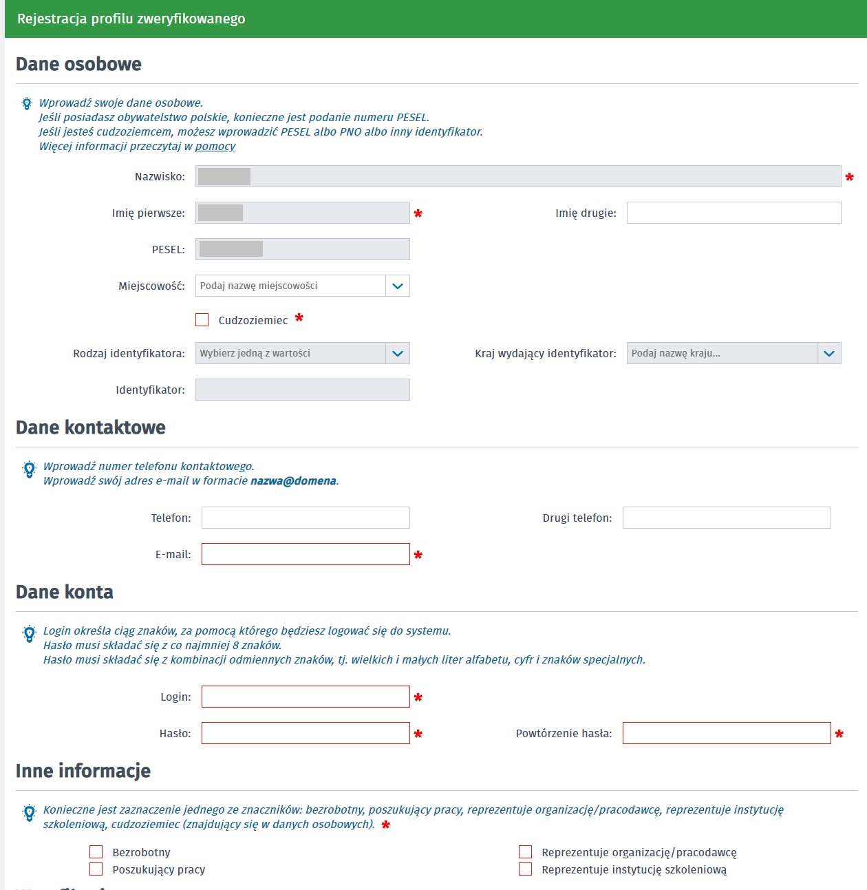 Zdjęcie przedstawia formularz rejestracji konta w portalu praca.gov.pl