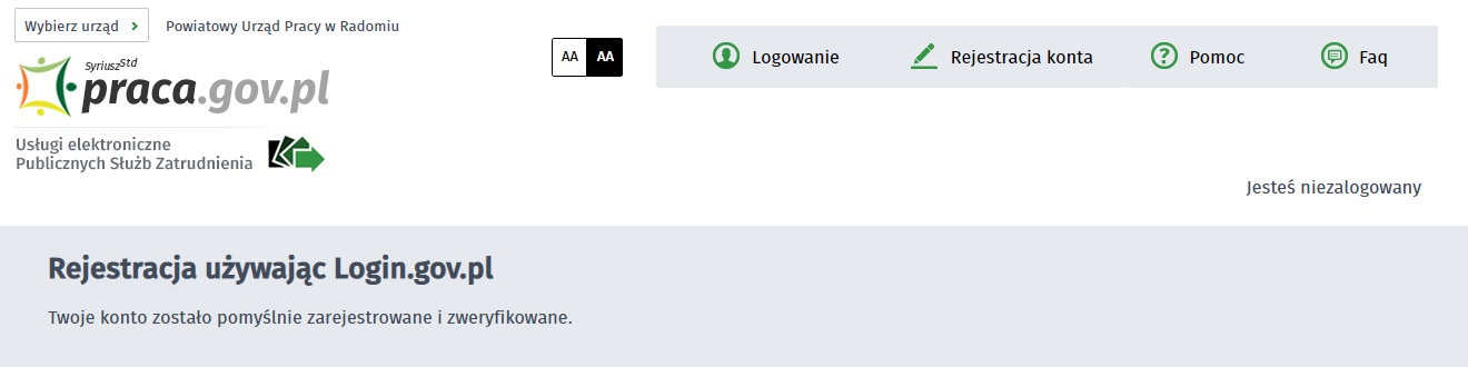 Zdjęcie przedstawia komunikat po poprawnej rejestracji konta w portalu praca.gov.pl