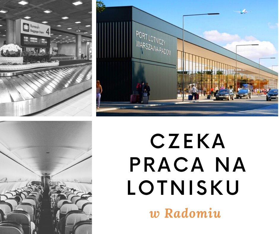 Czeka praca na lotnisku w Radomiu. Grafika ozdobna przedstawia port lotniczy oraz wnętrze samolotu.