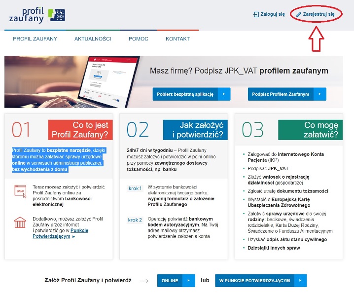 Obraz przedstawia stronę główną Profilu Zaufanego. W prawym górnym rogu czerwonym owalem zaznaczono odnośnik zarejestruj się