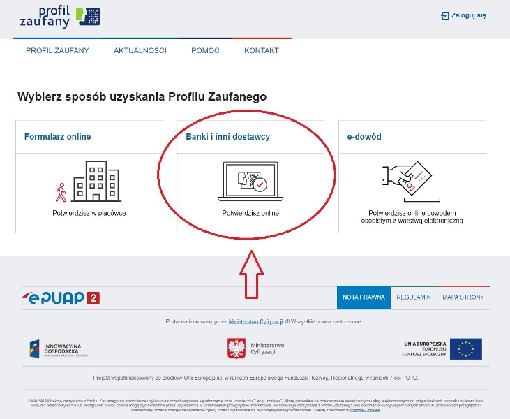 Obraz pokazuje opcje wyboru sposobu uzyskania Profilu Zaufanego