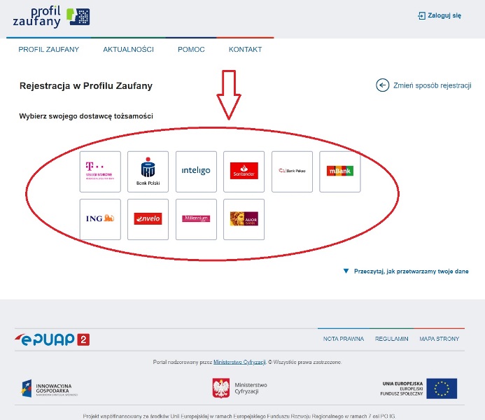 Obraz przedstawia opcje wyboru swojego dostawcy tożsamości poprzez bankowość elektroniczną