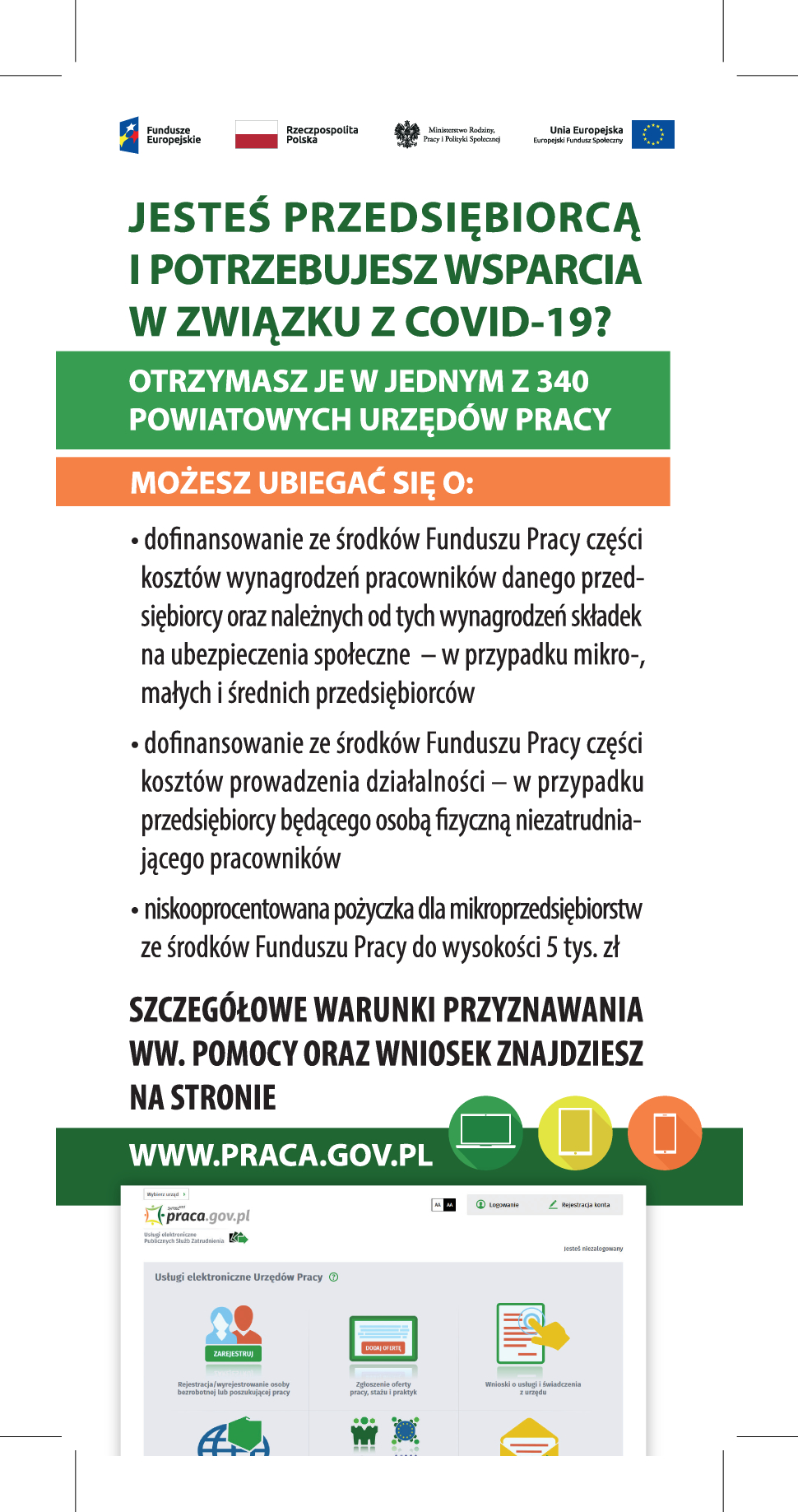 Zdjęcie przedstawia informacje dla przedsiębiorców dotyczące wsparcia w związku z covid-19 - po kliknięciu w zdjęcie dostępna wersja pdf