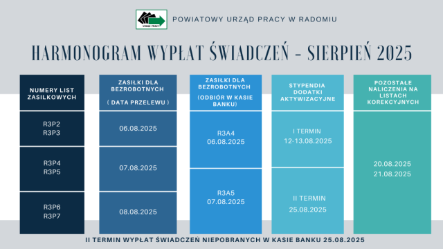 Harmonogram dostępny jest również w zakładce Dla bezrobotnych i poszukujących pracy, Świadczenia pieniężne, Harmonogram wypłaty świadczeń